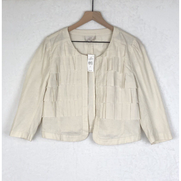 NWT‎ ANN TAYLOR LOFT Linen Cotton Cropped Ruffle Open Jacket Sz 8 Ivory Raw Edge - Picture 1 of 10